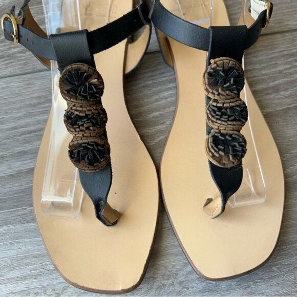 Victor Black Floral Accent Thong Leather Sandal Made in Italy - Picture 3 of 9